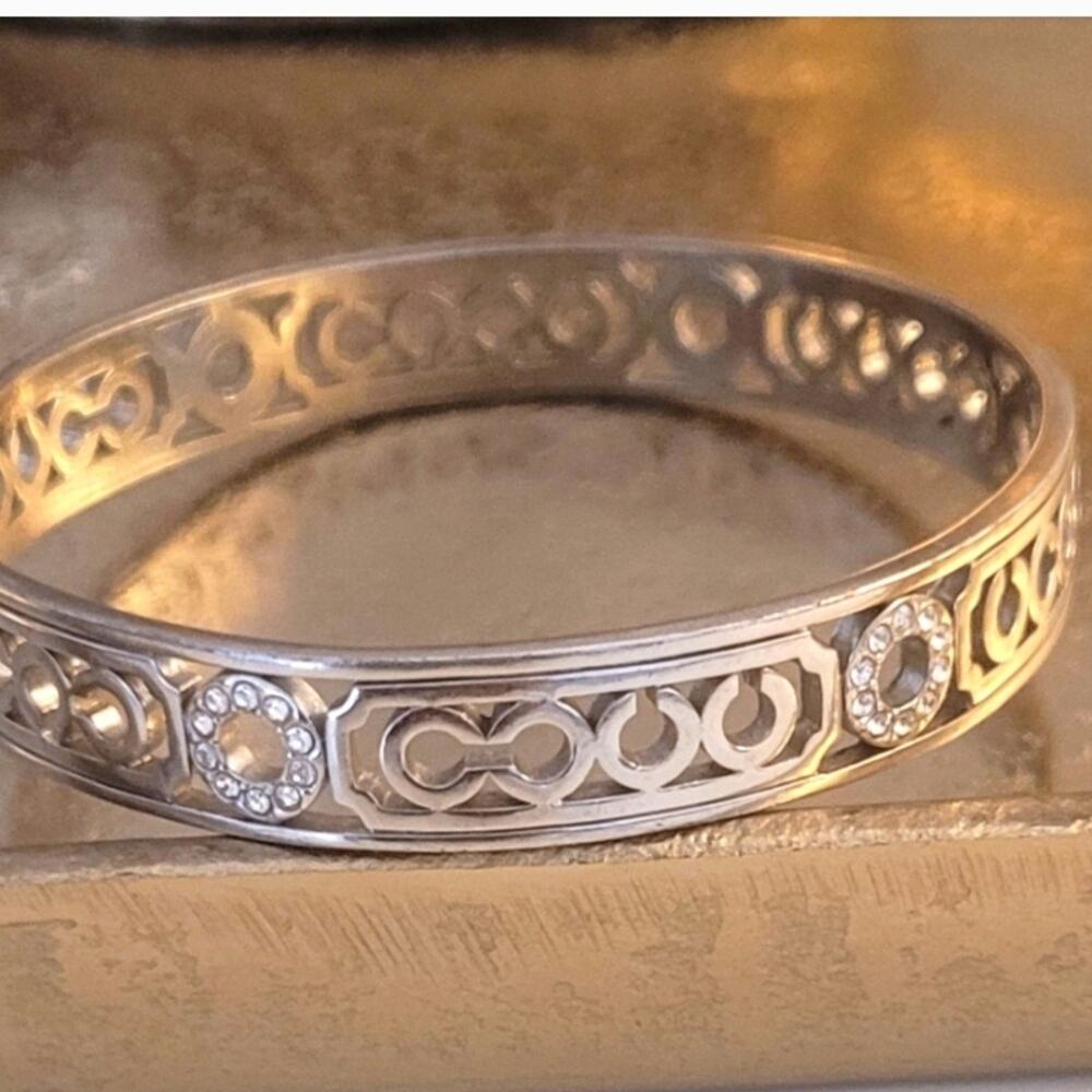 Coach Rare Silver & Crystal Cut-Out Bangle Bracelet with Dust Bag EUC MSRP $150 - Picture 4 of 10